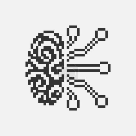 Schwarz-weiß einfaches 1-Bit-Pixel-Kunstsymbol für künstliche Intelligenz. Gehirn und Chipsatz