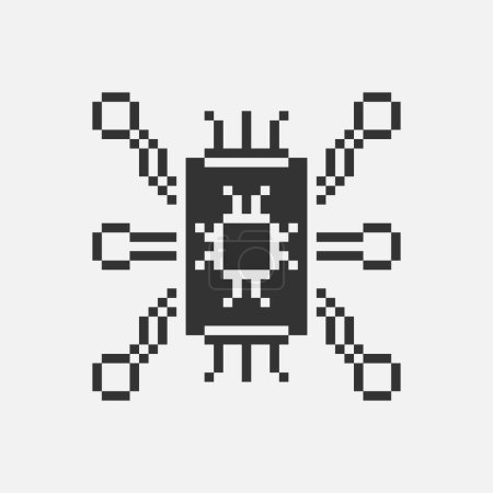 Schwarz-weiß einfaches 1-Bit-Pixel-Kunstsymbol für künstliche Intelligenz. Computerchipsatz