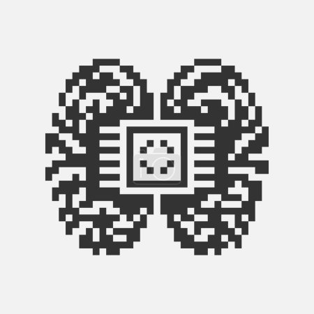 blanco y negro simple 1bit pixel art icono de inteligencia artificial. cerebro y chipset