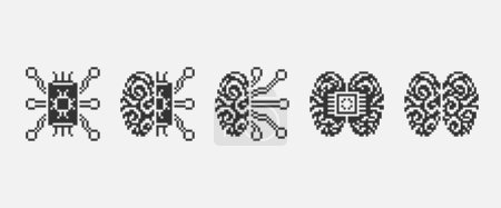 Schwarz-weiß einfache 1-Bit-Pixel-Art-Set mit Symbolen künstlicher Intelligenz. Gehirn und Chipsatz