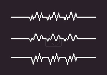 black and white simple flat 1bit vector pixel art set of heartbeat cardiogram lines