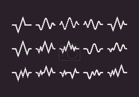 black and white simple flat 1bit vector pixel art set of heartbeat cardiogram lines
