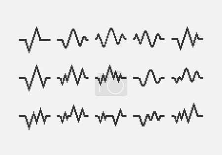 Schwarz-weiß einfache flache 1bit Vektor Pixel Art Set von Herzschlag-Kardiogrammlinien