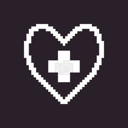 black and white simple flat 1bit vector pixel art icon of abstract heart with medical cross inside