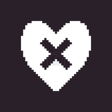 black and white simple flat 1bit vector pixel art icon of abstract heart with cancel cross