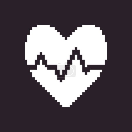 black and white simple flat 1bit vector pixel art icon of abstract heart with heartbeat line