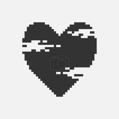 black and white simple flat 1bit vector pixel art icon of abstract heart with chips on the sides