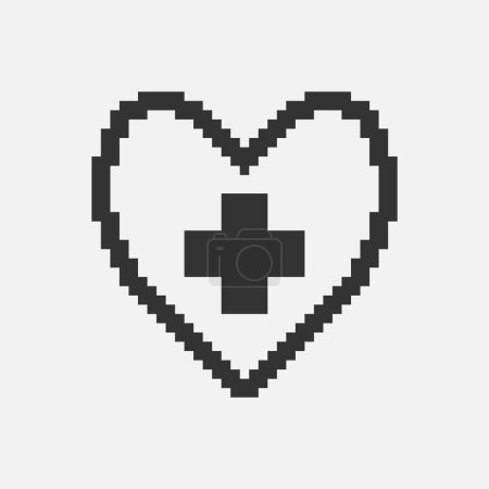 Schwarz-weiß einfache flache 1bit-Vektor-Pixel-Ikone des abstrakten Herzens mit medizinischem Kreuz im Inneren