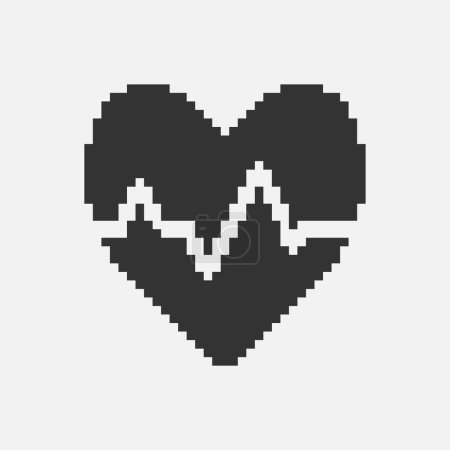 black and white simple flat 1bit vector pixel art icon of abstract heart with heartbeat line
