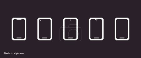 Illustration for Black and white simple flat 1bit vector pixel art set of various modern mobile phones icons - Royalty Free Image
