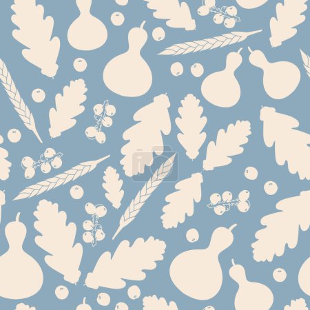 Ilustración de Patrón de repetición de vectores sin costuras, con siluetas de hojas de roble, trigo, calabazas y bayas, sobre fondo azul pastel. - Imagen libre de derechos