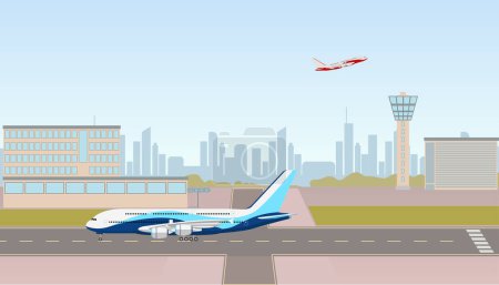 Airplane in runway airport terminal building landscape skyline vector illustration