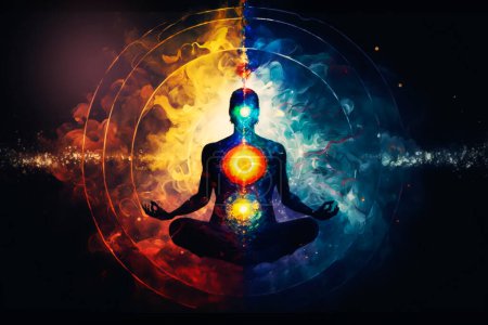 meditación y práctica espiritual, expansión de la conciencia, chakras y activación del cuerpo astral, inspiración mística. IA generativa.