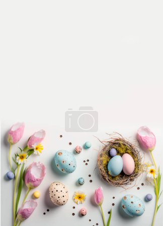 Téléchargez les photos : Modèle de bannière de Pâques avec oeufs de Pâques et fleur sur fond clair. Salutations et cadeaux pour le jour de Pâques dans un style plat laïc. - en image libre de droit