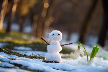 Foto de Pequeño muñeco de nieve y primaveras flores nevadas en un claro con nieve. Reunión de primavera. - Imagen libre de derechos