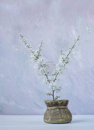 Ein Bouquet mit blühenden Frühlingszweigen von Kirsche und Sakura mit zarten weißen Blüten in einem Krug auf einem weichen pastellfarbenen Hintergrund. künstlerisches Foto.