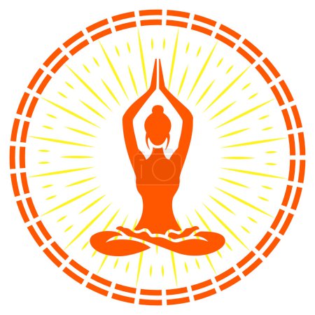 Yoga - Meditación en posición de loto sobre el fondo del sol naciente. el emblema del yoga.