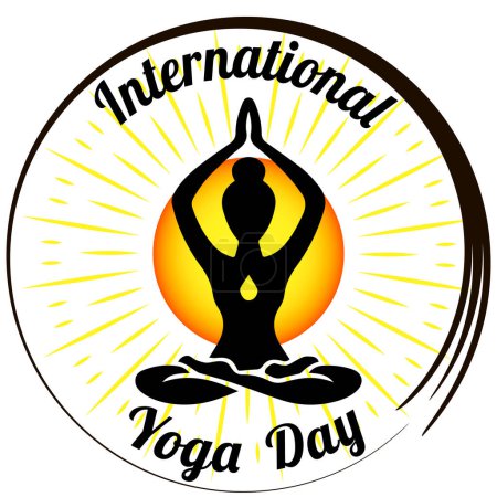 Día Internacional del Yoga. Meditación en posición de loto sobre el fondo del sol naciente. el emblema del yoga.