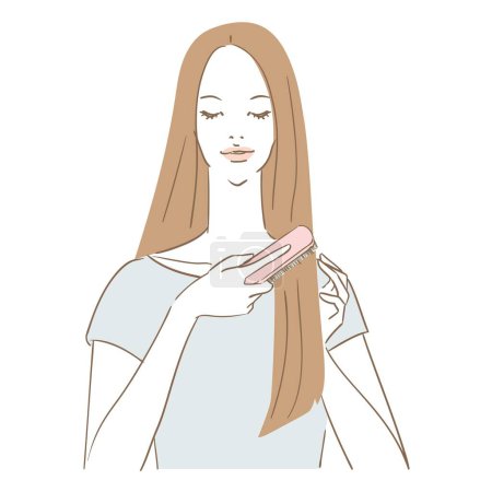 Téléchargez les illustrations : Une belle femme aux cheveux longs se brossant les cheveux - en licence libre de droit