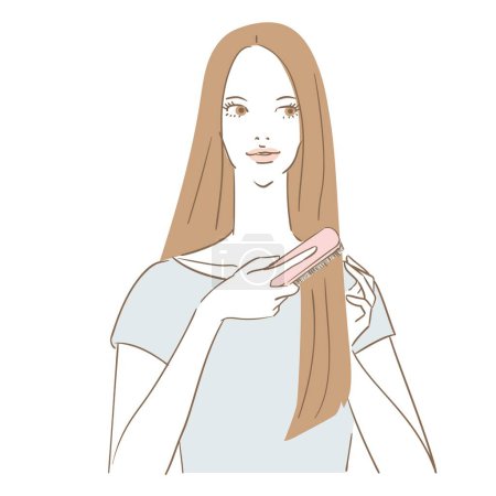 Téléchargez les illustrations : Une belle femme aux cheveux longs se brossant les cheveux - en licence libre de droit