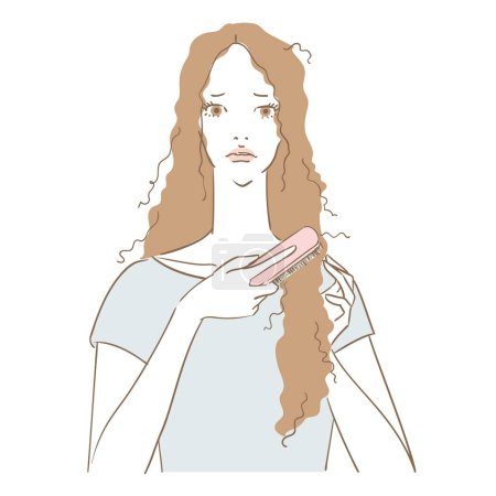 Téléchargez les illustrations : Une belle femme qui a du mal à se brosser les cheveux abîmés - en licence libre de droit