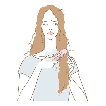 Illustration for A beautiful woman who is having trouble brushing her damaged hair - Royalty Free Image