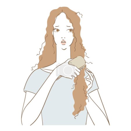 Ilustración de Una hermosa mujer que tiene problemas para cepillarse el cabello dañado - Imagen libre de derechos