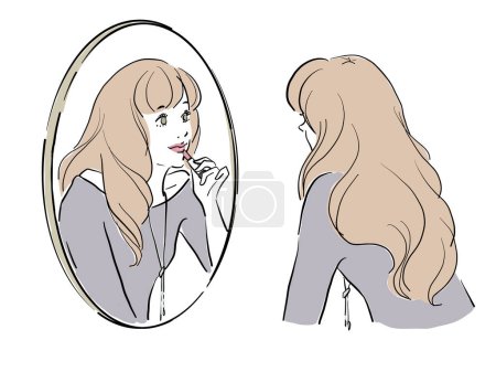 Téléchargez les illustrations : Femme aux cheveux longs regardant dans le miroir - en licence libre de droit