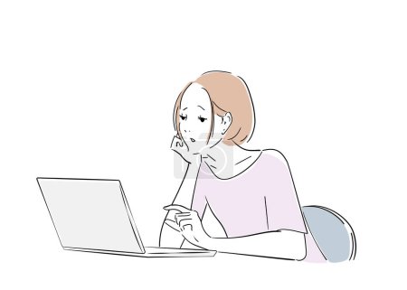 Téléchargez les illustrations : Diverses expressions faciales d'une employée de bureau travaillant sur un ordinateur - en licence libre de droit