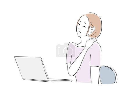Téléchargez les illustrations : Diverses expressions faciales d'une employée de bureau travaillant sur un ordinateur - en licence libre de droit