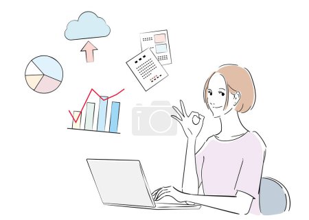 Illustration for Various facial expressions of a female office worker working on a computer - Royalty Free Image