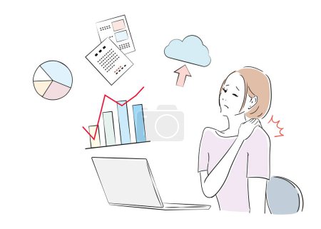 Ilustración de Varias expresiones faciales de una trabajadora de oficina que trabaja en una computadora - Imagen libre de derechos