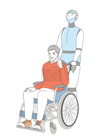 Illustration for An elegant senior in a wheelchair and a caregiver robot - Royalty Free Image