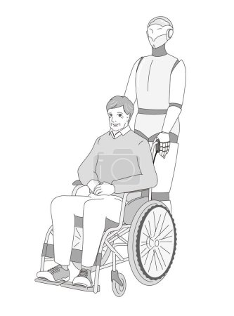 Téléchargez les illustrations : Une personne âgée élégante dans un fauteuil roulant et un robot soignant - en licence libre de droit