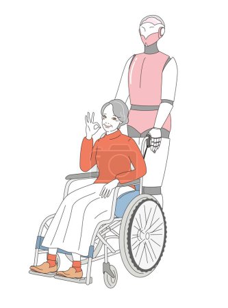 Téléchargez les illustrations : Une personne âgée élégante dans un fauteuil roulant et un robot soignant - en licence libre de droit