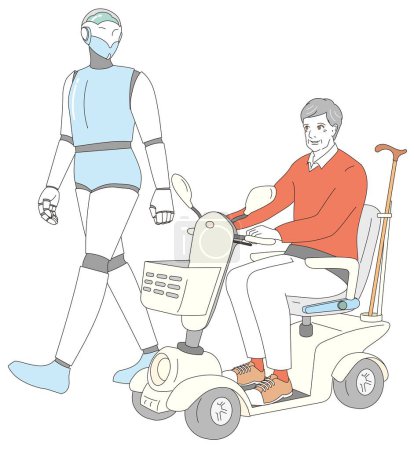 Ilustración de Un elegante senior en silla de ruedas y un robot cuidador - Imagen libre de derechos