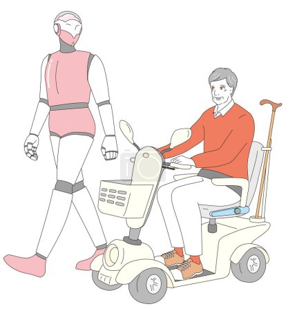 An elegant senior in a wheelchair and a caregiver robot