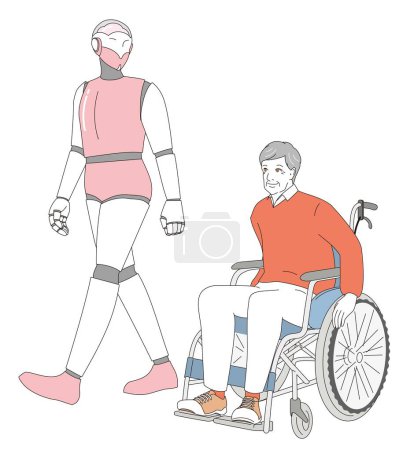 An elegant senior in a wheelchair and a caregiver robot