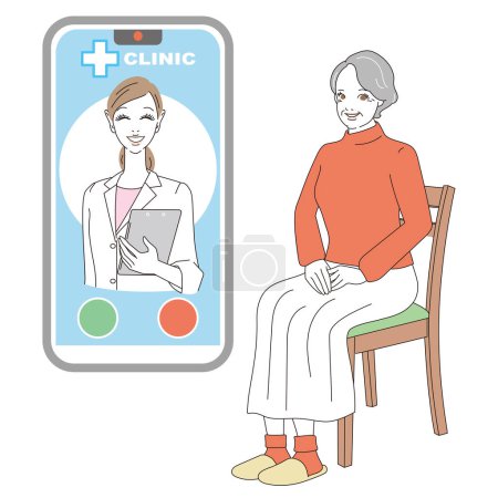 Ilustración de Mujer mayor que recibe tratamiento médico en línea - Imagen libre de derechos