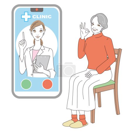 Ilustración de Mujer mayor que recibe tratamiento médico en línea - Imagen libre de derechos