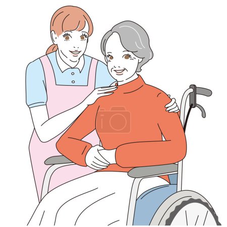 Ilustración de Elegante senior y cuidador en silla de ruedas - Imagen libre de derechos