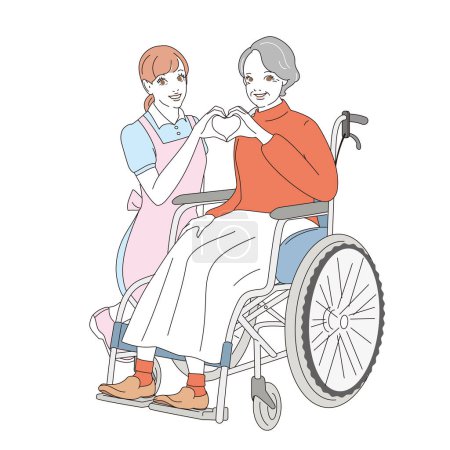 Ilustración de Elegante senior y cuidador en silla de ruedas - Imagen libre de derechos
