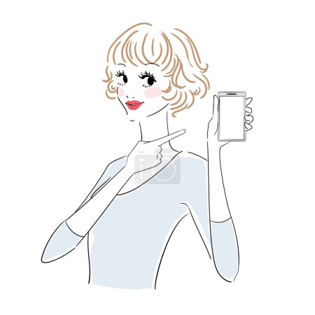 Ilustración de Elegante cuerpo superior femenino con varias expresiones que sostienen un teléfono inteligente - Imagen libre de derechos