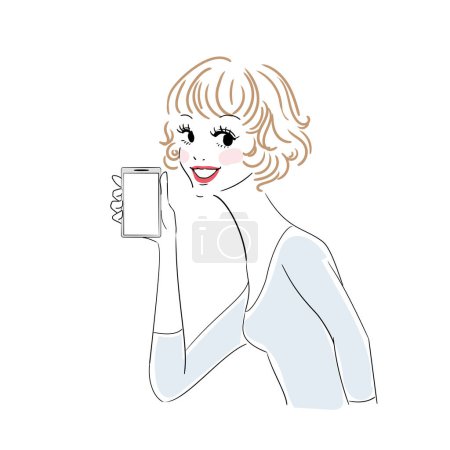 Illustration for Stylish female upper body with various expressions holding a smartphone - Royalty Free Image