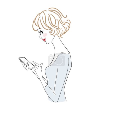 Ilustración de Elegante cuerpo superior femenino con varias expresiones que sostienen un teléfono inteligente - Imagen libre de derechos