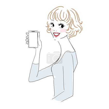 Téléchargez les illustrations : Élégant haut du corps féminin avec diverses expressions tenant un smartphone - en licence libre de droit
