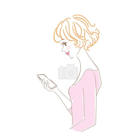 Téléchargez les illustrations : Élégant haut du corps féminin avec diverses expressions tenant un smartphone - en licence libre de droit