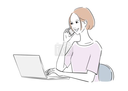 Ilustración de Mujer bonita trabajando en un ordenador portátil - Imagen libre de derechos