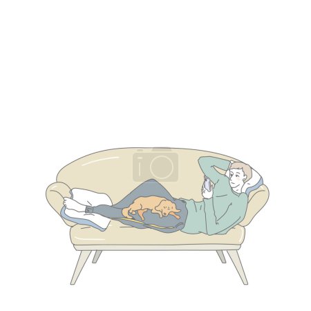Illustration for A person using a smartphone while relaxing on a sofa - Royalty Free Image
