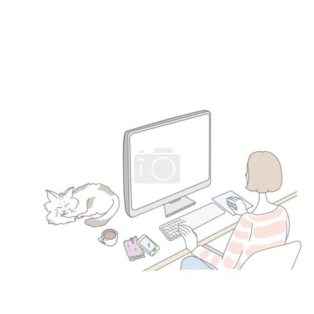 Illustration for A person working on a computer in casual clothes - Royalty Free Image